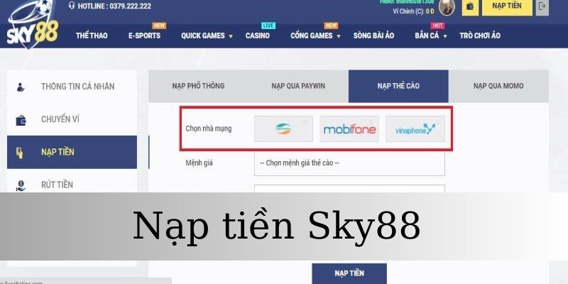 Nạp tiền Sky88 qua thẻ cào nhanh chóng